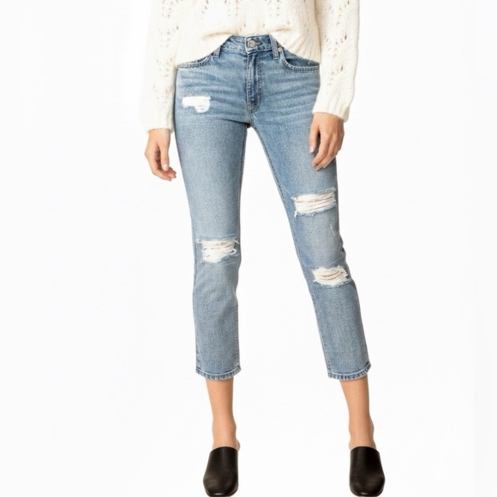 Derek Lam 10 Crosby Mila Mid-Rise Distressed Girlfriend Jeans with Patches Sz 26
